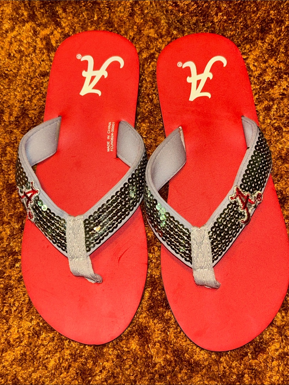 Red Sequin Women's Flip Flops with Gray Straps